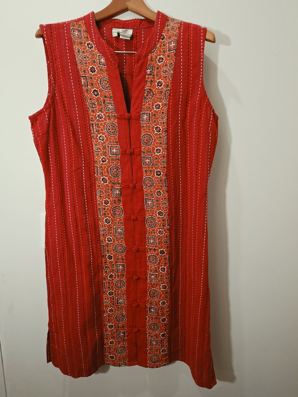 Red Asian Inspired Embroidered Sleeveless Cotton Mini Dress Tunic Chinese 16